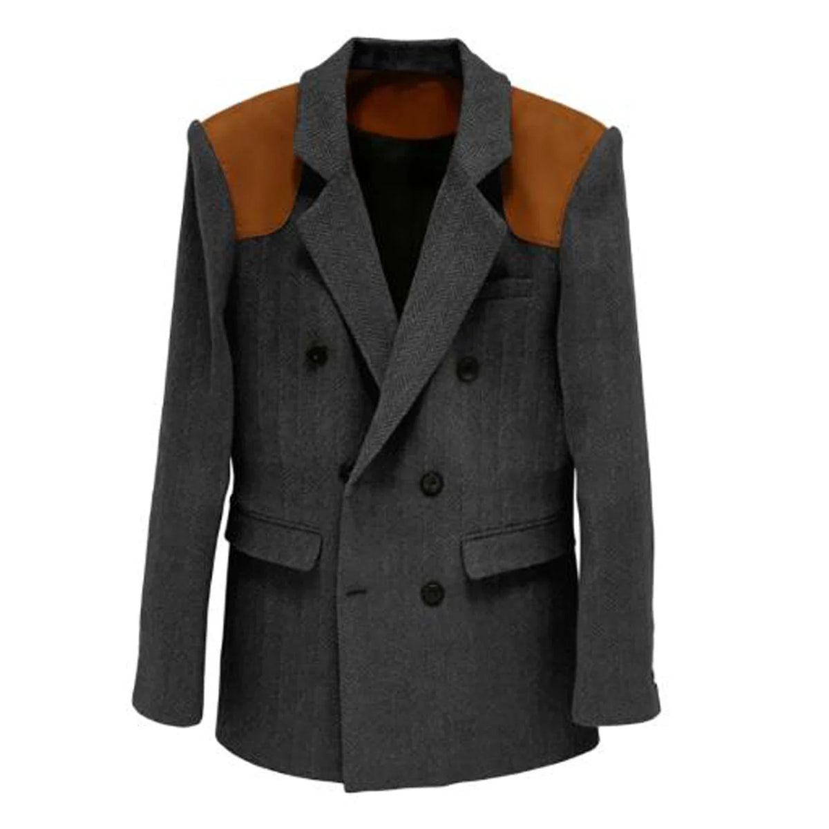 Men's Vintage Herringbone Blazer Contrast Shoulder Patches Double Breasted Wool Blend Suit Jacket Slim Fit Casual Business Coat