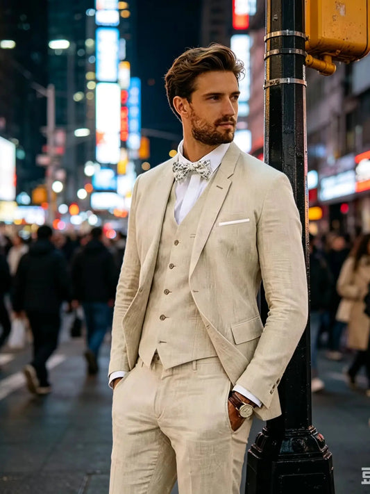 3 Pièces Costumes Homme Lin Beige/Bleu Revers Cranté Coupe Slim Blazer Gilet Pantalon Haute Qualité Élégant Été Mariage Bal