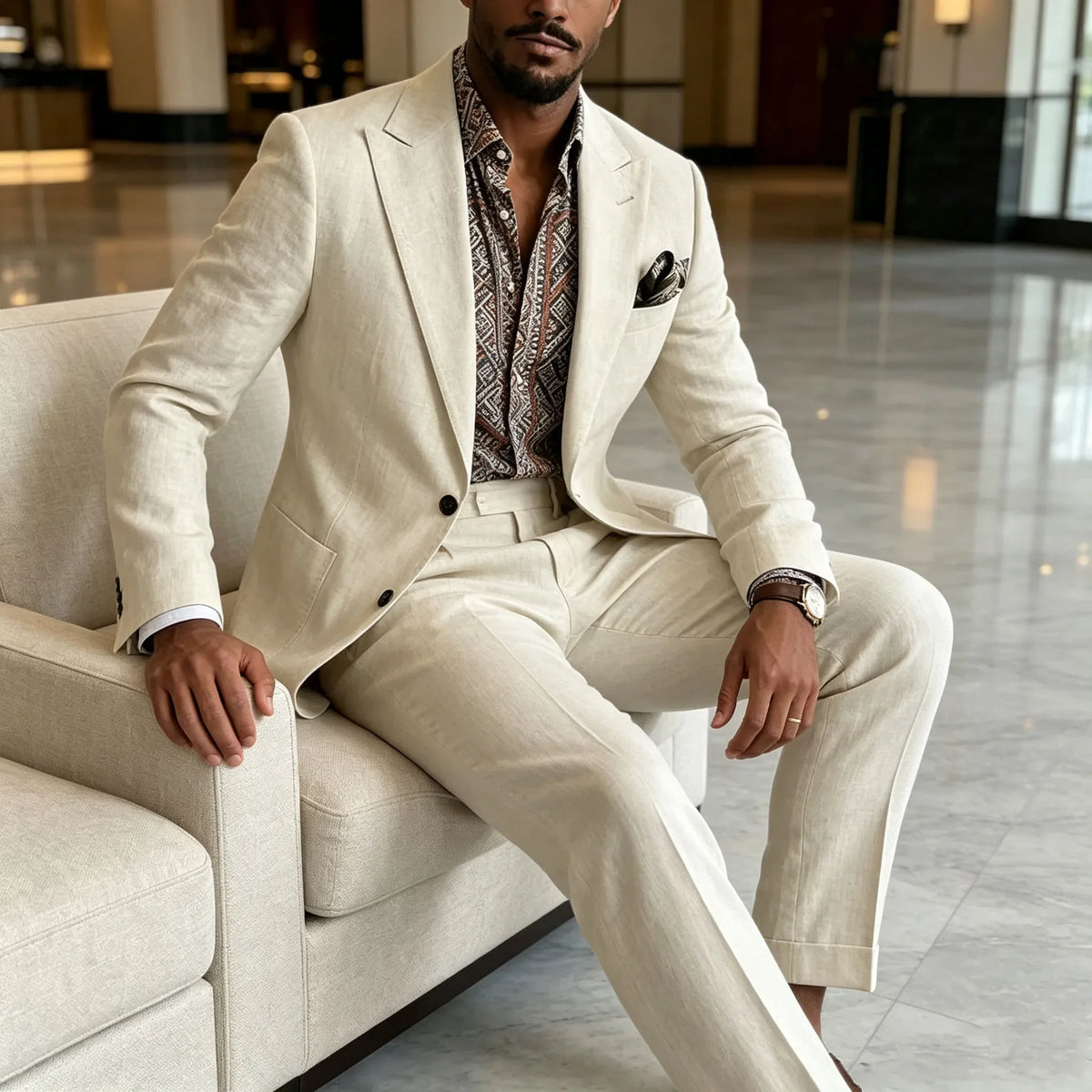 Men's Linen Blend Suit 2 Pieces Set Solid Color Peak Lapel Slim Fit One Button Jacket Pants Formal Outfit Wedding Business Casua