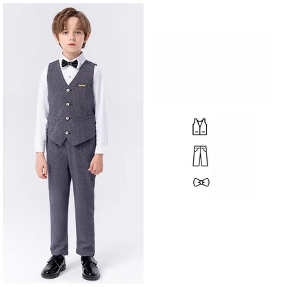British Style Kids Piano Host Speech Performance Costume School Boys Vest Pants Bowtie 3Pieces Ceremony Clothing Set