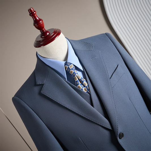 Men's Linen 3-Piece Slim Fit Suit – Blue & Beige | Peak Lapel Wedding & Formal Suit