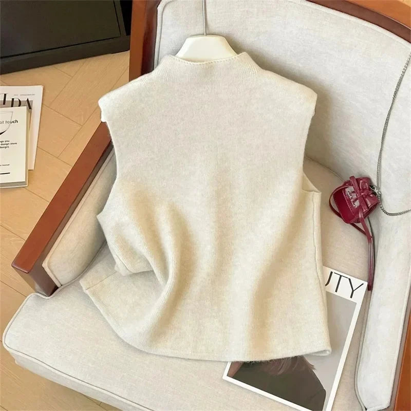 Autumn Winter Ladies Solid Color Knitting Vest Coat Korean Female high-end Stand Collar Sweater Women Fashion Knitted Sleeveless