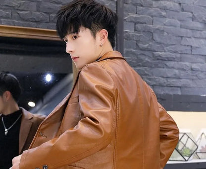 Men's Faux Leather Blazer Jacket Autumn Winter Warm Fleece Lined Casual Versatile Outerwear