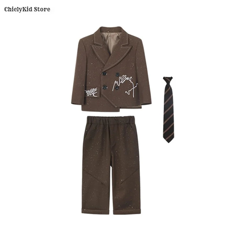 Boys Solid Double Breasted Blazer Jack Vest Pants Children Suit Waistcoat Wedding Clothes Sets Toddler Formal Dress Kids Tuxedos