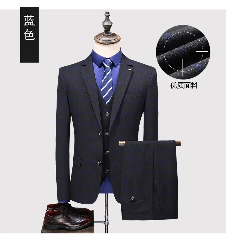 Men's Suit Set – Blazer, Vest & Trousers – British Grid Smart Casual for Business & Weddings