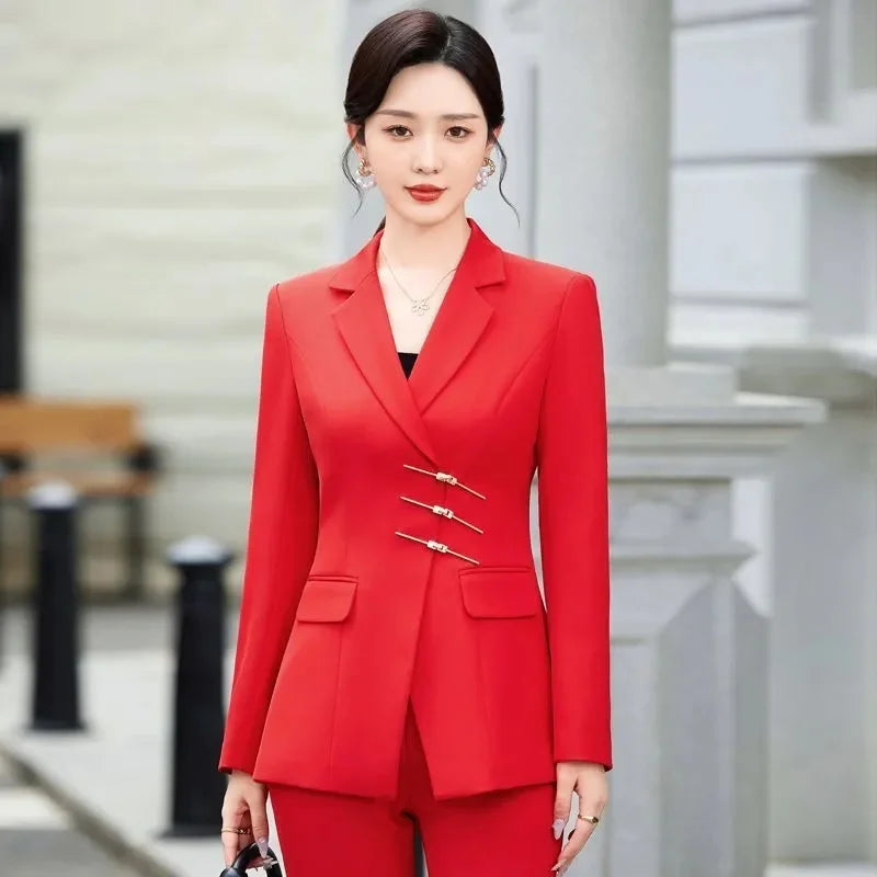 2025 Fashion White Red Black Blazer Jacket And Pant Suit Trousers Women Female Office Ladies Work Wear Formal 2 Piece Set
