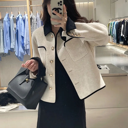 Women's Slim Fit Blazer Autumn Mid-Length Lapel Coat Contrast Cuff Detail Elegant Office & Commute Outerwear