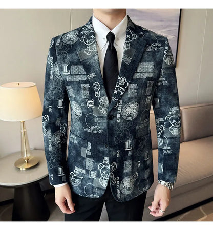 2024 Autumn Winter Jacquard Denim Suit Jacket for Men Fashion Business Casual Blazers Streetwear Social Men Clothing
