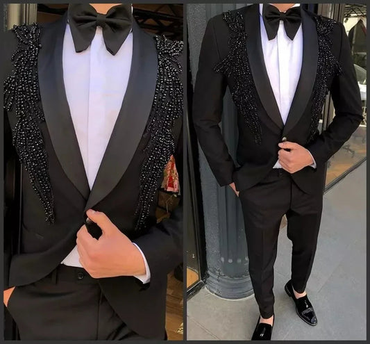 Luxury Men's Suit 2 Pieces Blazer Pants One Button Sheer Lapel Satin Business Beads Formal Work Wear Wedding Groom Costume Homme