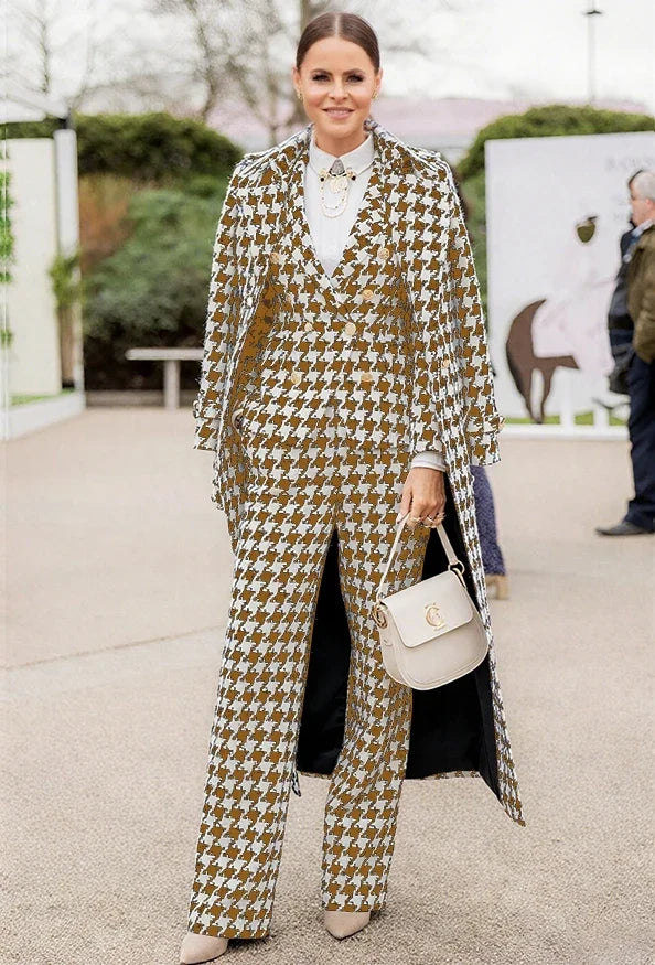 Chic Houndstooth Women Suits 3 Piece & Only Jacket Peak Lapel Formal Casual Prom Party Pants Sets Long Coat Blazer Pants