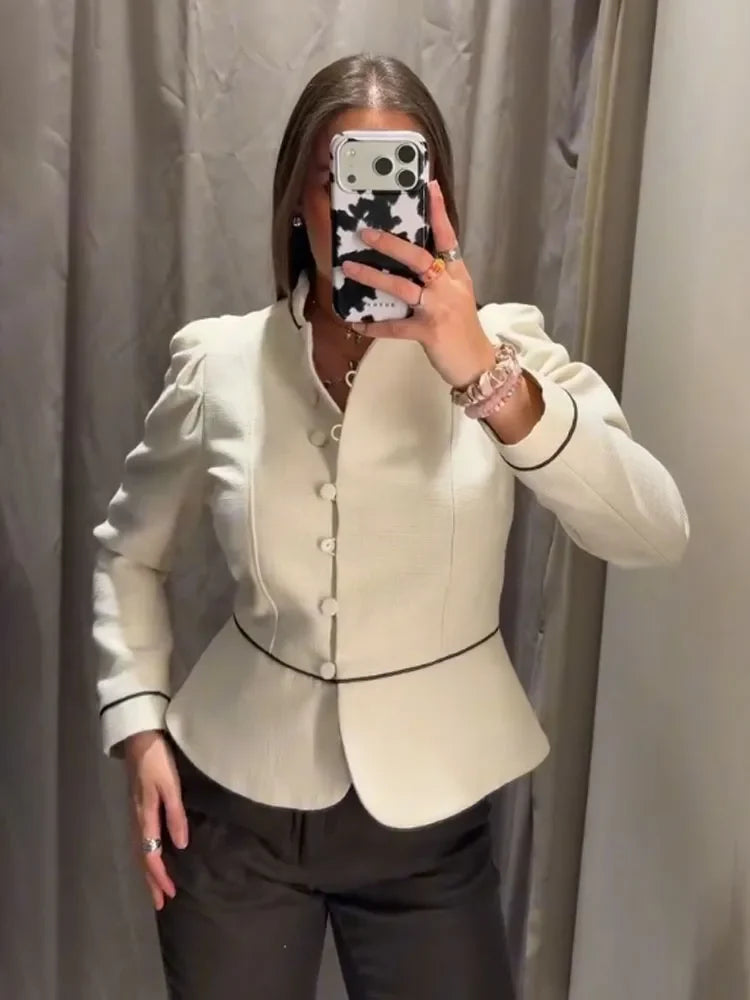2026 Women Spring Elegant Single Breasted Stand Collar Long Sleeves Short Coat Woman Fashion Casual Beige Tweed Blazer Jacket