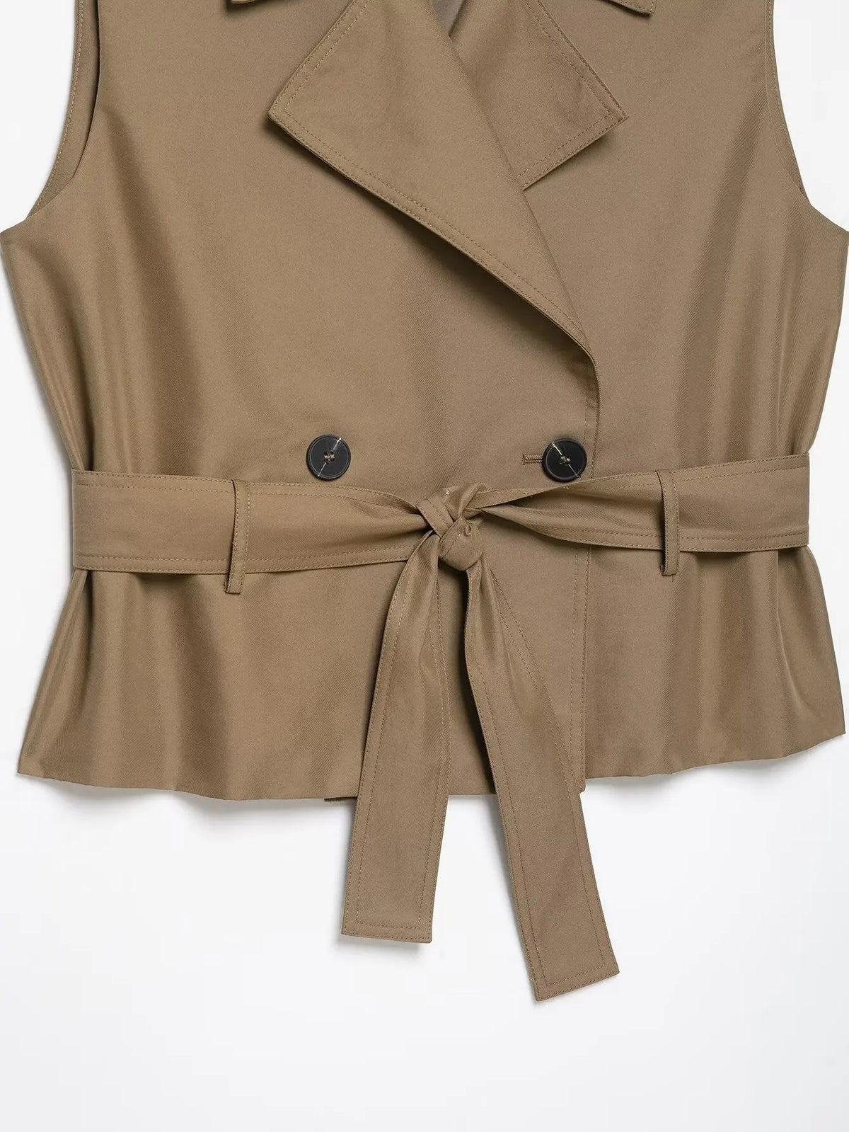 New Slim Fit Cropped Sleeveless Trench Vest Women Khaki Lapel Double Breasted Self Tie Belt Waist Cinching Street Outer Top
