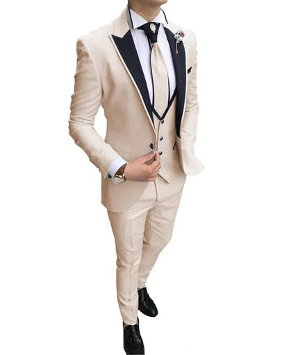 Handsome Classic Beige Peaked Lapel Wedding Suit For Men Groom Costume 3 Piece Jacket Vest Pants Custom Made Tuxedo Party Blazer