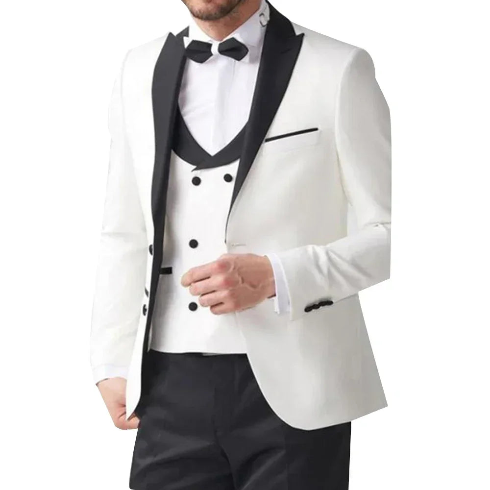 White Jacket Black Pant Elegant Men's Wedding Groom Tuxedo Prom Blazers Hombre High Quality Custom 3 Piece Set Custome Homme