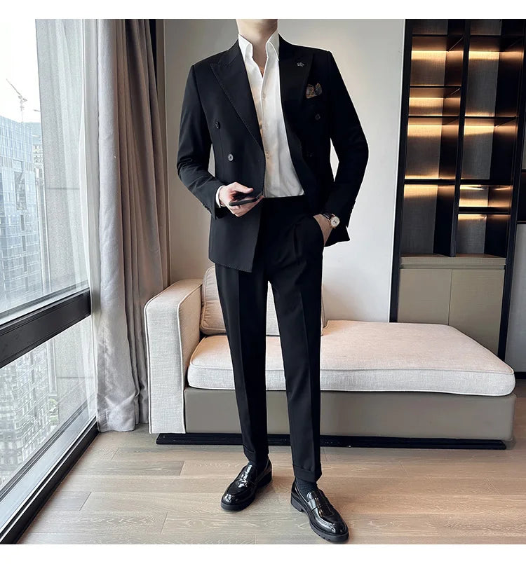 (Blazer + Trousers) Fashion Double Breasted Design Slim Men's Suit Italian Style Luxury Wedding Social Party Tuxedo 2 Piece Set