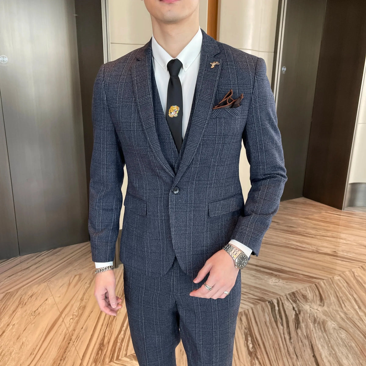 Ensemble costume trois pièces à carreaux modifié de haute qualité de style coréen britannique pour hommes - Gilet et pantalon de costume décontracté élégant