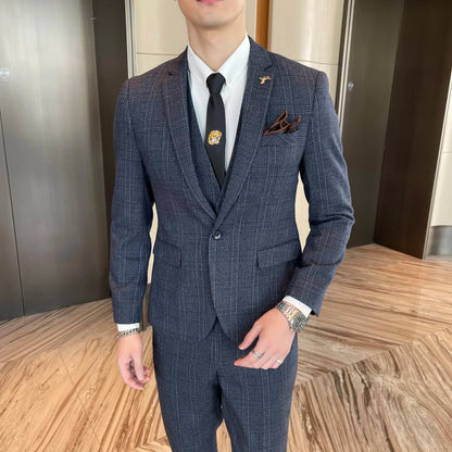 Ensemble costume trois pièces à carreaux modifié de haute qualité de style coréen britannique pour hommes - Gilet et pantalon de costume décontracté élégant