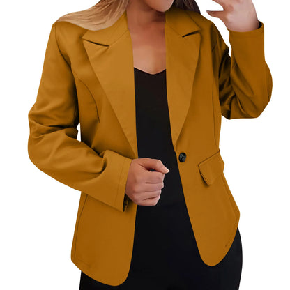 Women's Solid Color Single Button Blazer Autumn Long Sleeve Lapel Office Jacket Slim Fit Casual Workwear with Front Pockets