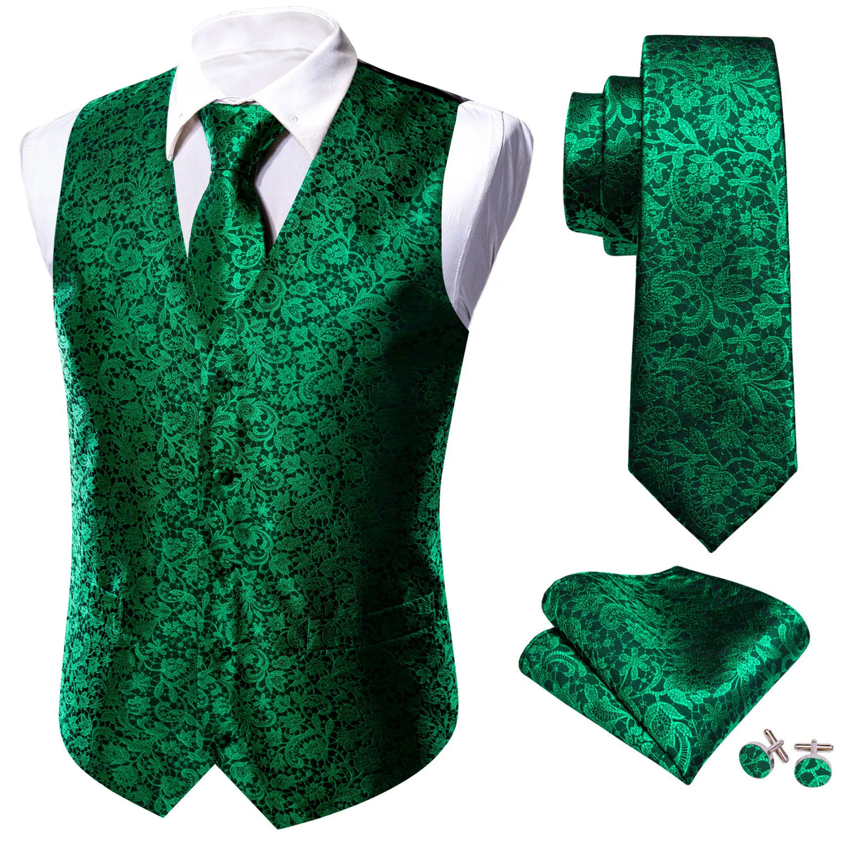 Men's Vest Embroidered Paisley Floral Waistcoat for Formal and Casual Wear — Green, Blue, Silver, Gray, Gold, Pink