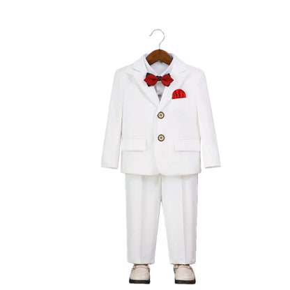Kids White Suit Set Boy Formal Wedding Birthday Party Wear Children's Jacket Vest Pants Bowtie+Pocket Towel 5Pieces Clothes Set