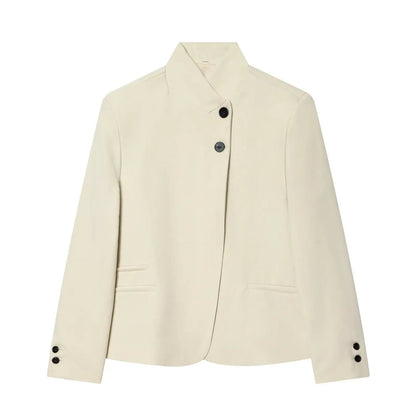 Elegant Women Solid Blazer Coat Spring Autumn Turtleneck Long Sleeve Single Breasted Straight Blazer Female Chic Suit Jacket