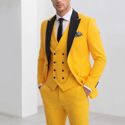 Men Suit Yellow 3 Pieces With Black Lapel For Wedding Groom Birthday Banquet Party Business Work Office Set Jacket Vest Pants