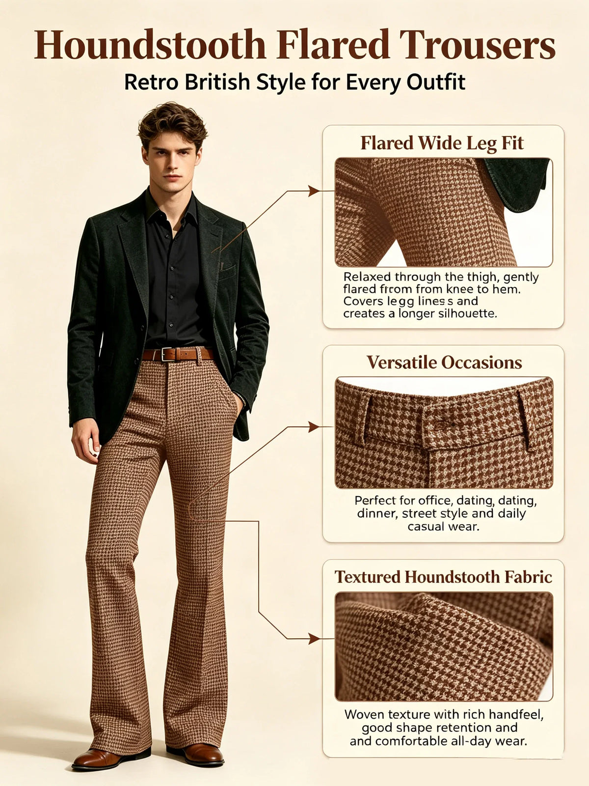 Houndstooth Patten Men Bell Bottom Pants Vintage Adjustable Waist Flared Trousers 60s70s Disco Man Slim Fit Pant For Dance Party