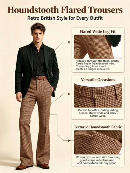 Houndstooth Patten Men Bell Bottom Pants Vintage Adjustable Waist Flared Trousers 60s70s Disco Man Slim Fit Pant For Dance Party