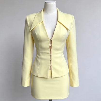 2026 New2Pcs Outfit, Slim Cut Deep V Blazer+Mini Skirt, Structured Shoulder, Elegant Suit for Club Date Cocktail Party