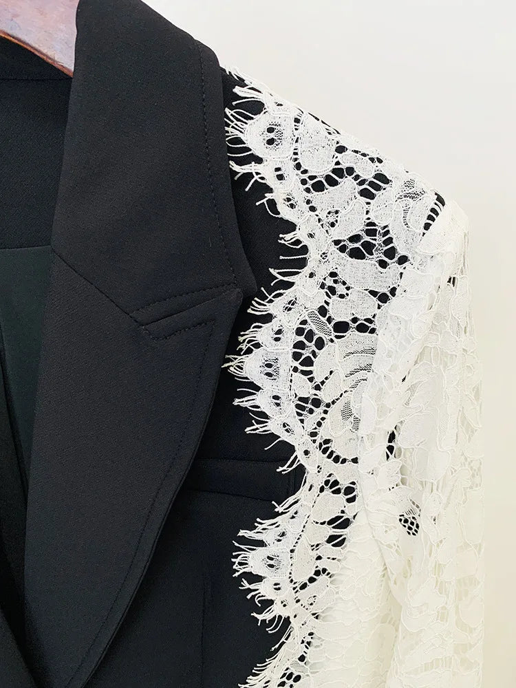 Autumn New Women Tide Chic Elegant Fashion Single Button Patchwork Lace Contrast Color Waist Cinching Pocket Blazer  HK7609