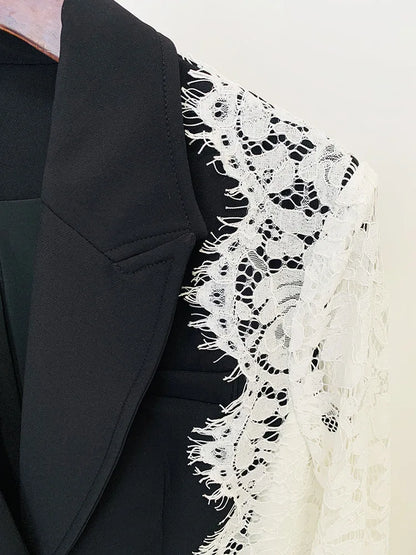 Autumn New Women Tide Chic Elegant Fashion Single Button Patchwork Lace Contrast Color Waist Cinching Pocket Blazer  HK7609