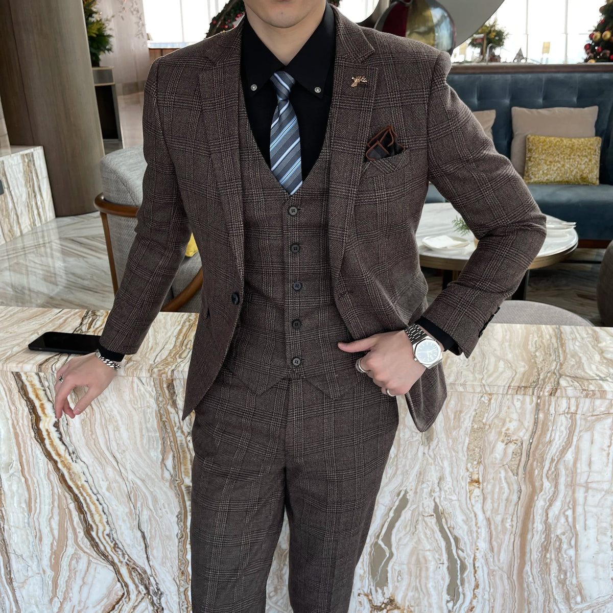 Ensemble costume trois pièces à carreaux modifié de haute qualité de style coréen britannique pour hommes - Gilet et pantalon de costume décontracté élégant