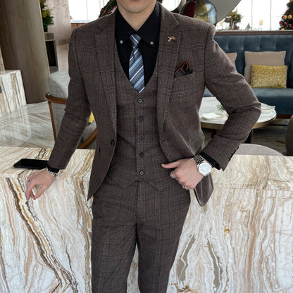 Ensemble costume trois pièces à carreaux modifié de haute qualité de style coréen britannique pour hommes - Gilet et pantalon de costume décontracté élégant