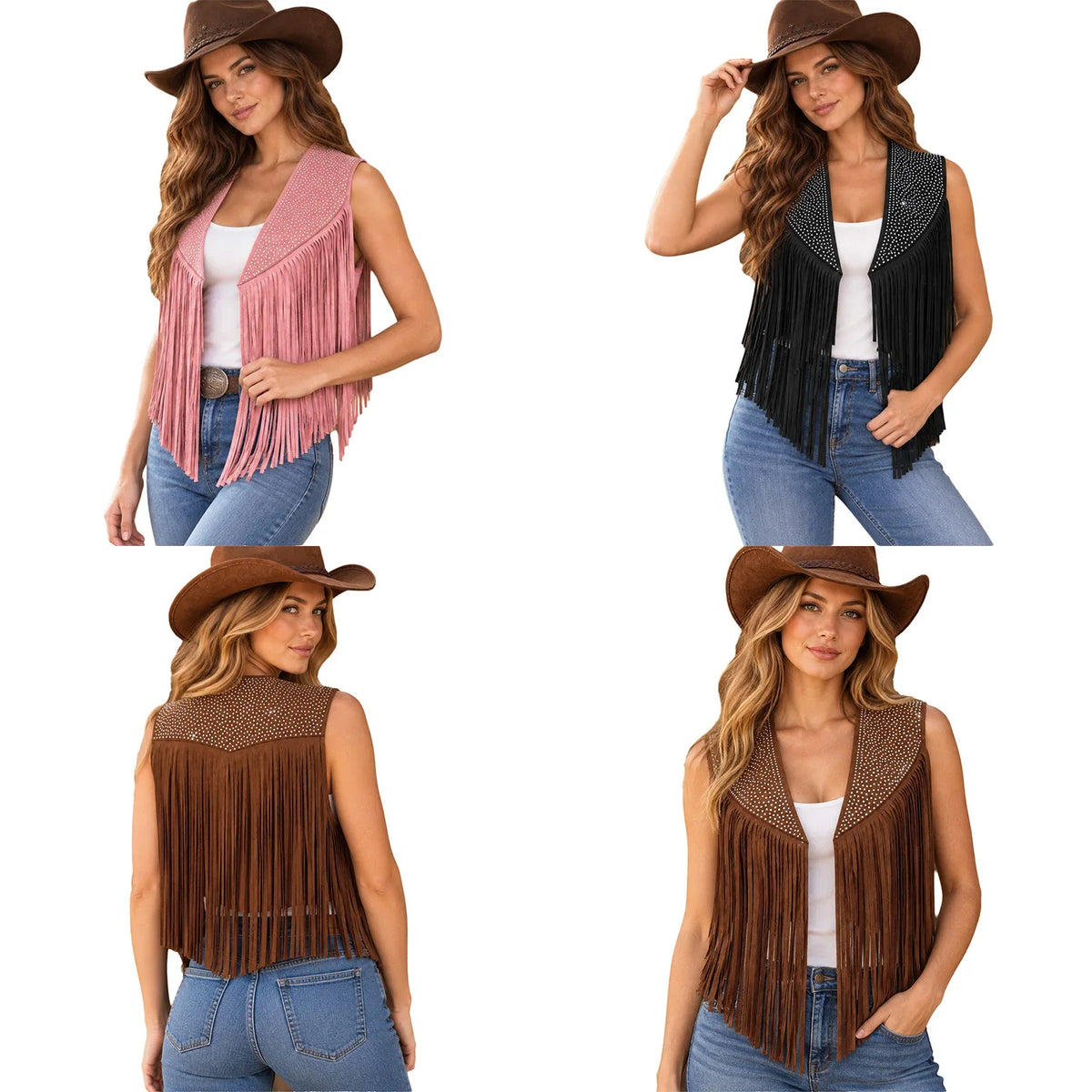 Women's Faux Suede Tassels Vest Waistcoat Western Cowgirl Hippie Costume Sleeveless Fringed Waistcoat for Halloween Party Outfit