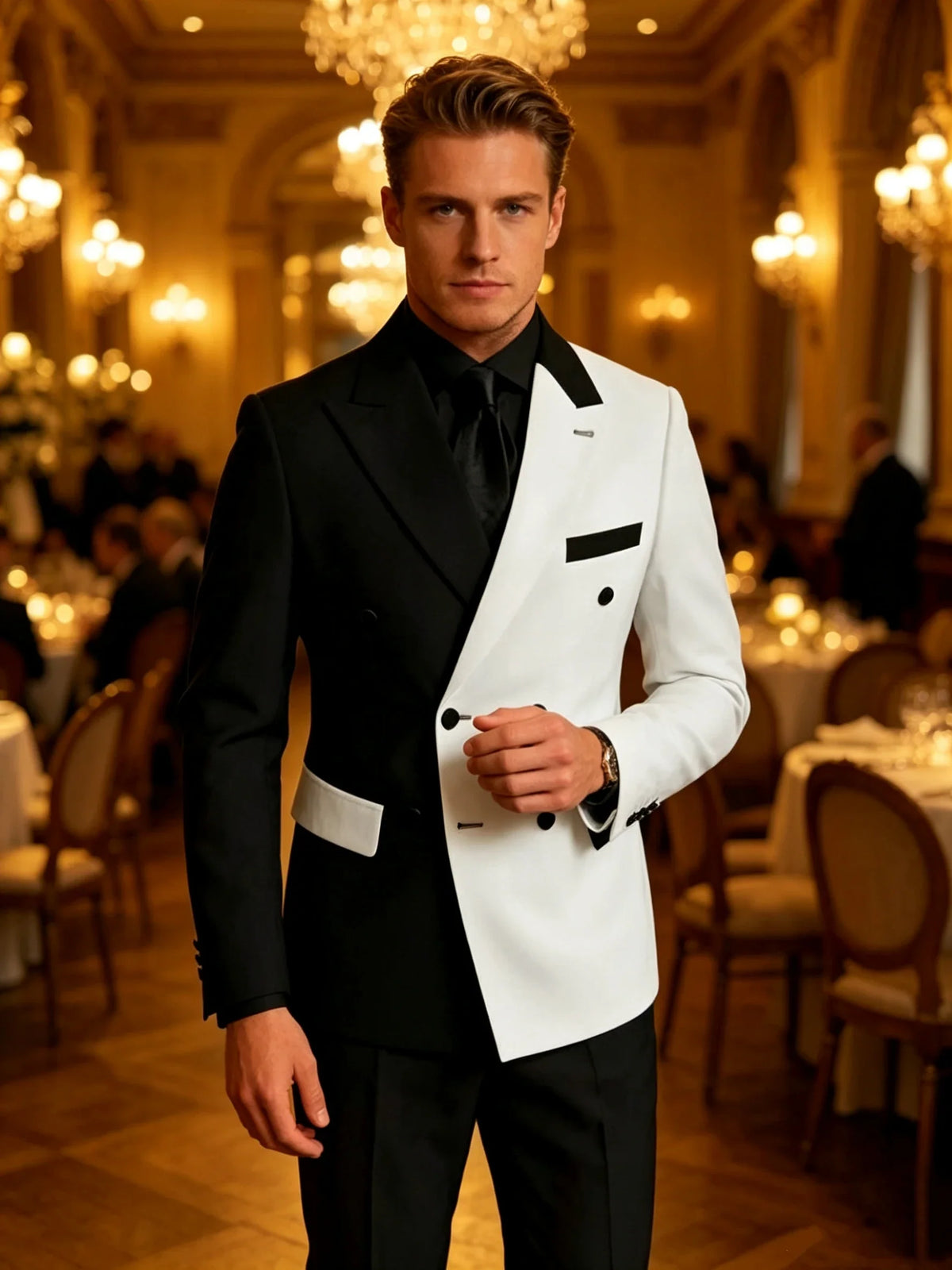 2Pieces Peaked Lapel Double Breasted Suits for Men Wedding Slim Fit Formal Groom Tuxedo Black White Suit Jacket with Pants