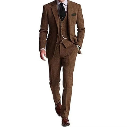 3 Piece Grey/Brown Mens Tweed Herringbone Slim Fit Wedding Suits Prom Tuxedos Notch Lapel Blazer for Business(Blazer+Vest+Pants)