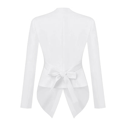 Women Solid Color Blazer V Neck Long Sleeve Padded Shoulders Belted Waist Button Pointed Hem Jacket Coat Office Lady Outerwear