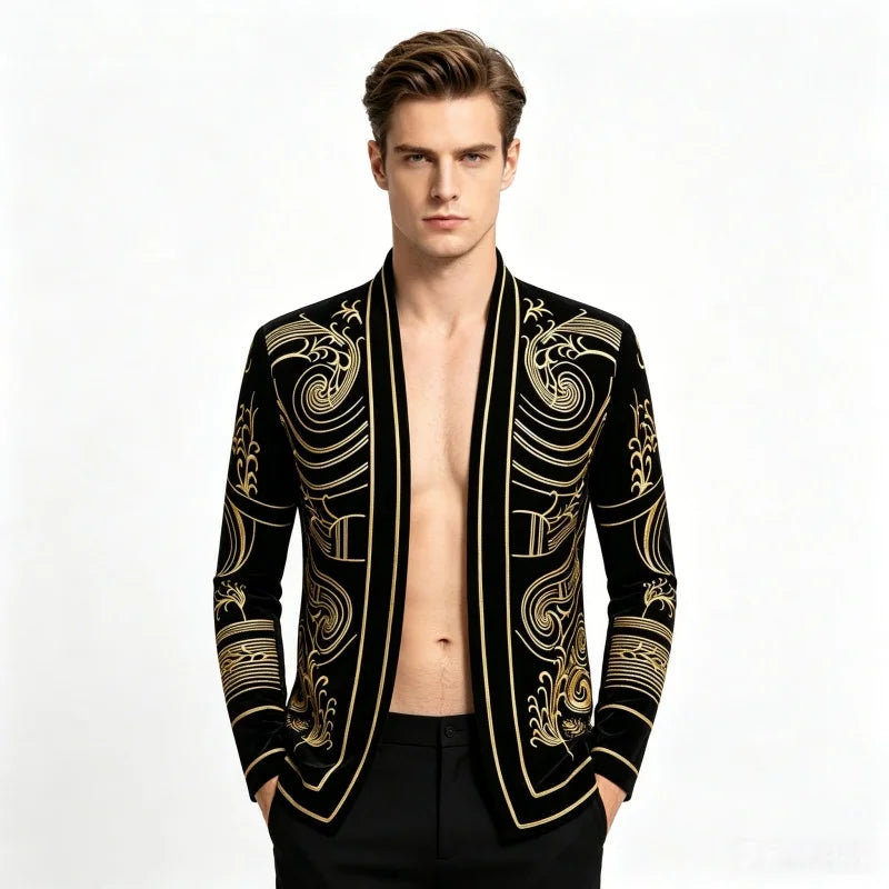 Men Vintage Velvet Embroidery Suit Jacket Cardigan Blazer Singer Concert Stage Costume Party Prom Wedding Tuxedo Costume