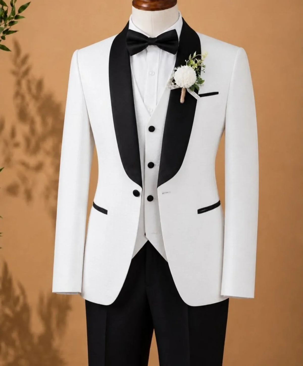 Men 3 Piece Suit Black Satin Collar White Shawl Lapel Slim Fit Groom Tuxedo Jacket Vest Pants Wedding Prom Coat Customized
