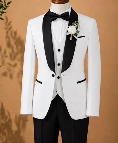 Men 3 Piece Suit Black Satin Collar White Shawl Lapel Slim Fit Groom Tuxedo Jacket Vest Pants Wedding Prom Coat Customized