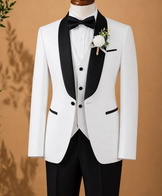 Men 3 Piece Suit Black Satin Collar White Shawl Lapel Slim Fit Groom Tuxedo Jacket Vest Pants Wedding Prom Coat Customized