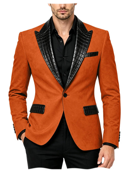 Men's Suede Slim Fit Blazer Jacket Crocodile Pattern Lapel Design Suit Coat Formal Business Prom Wedding Party Tuxedo Outerwear