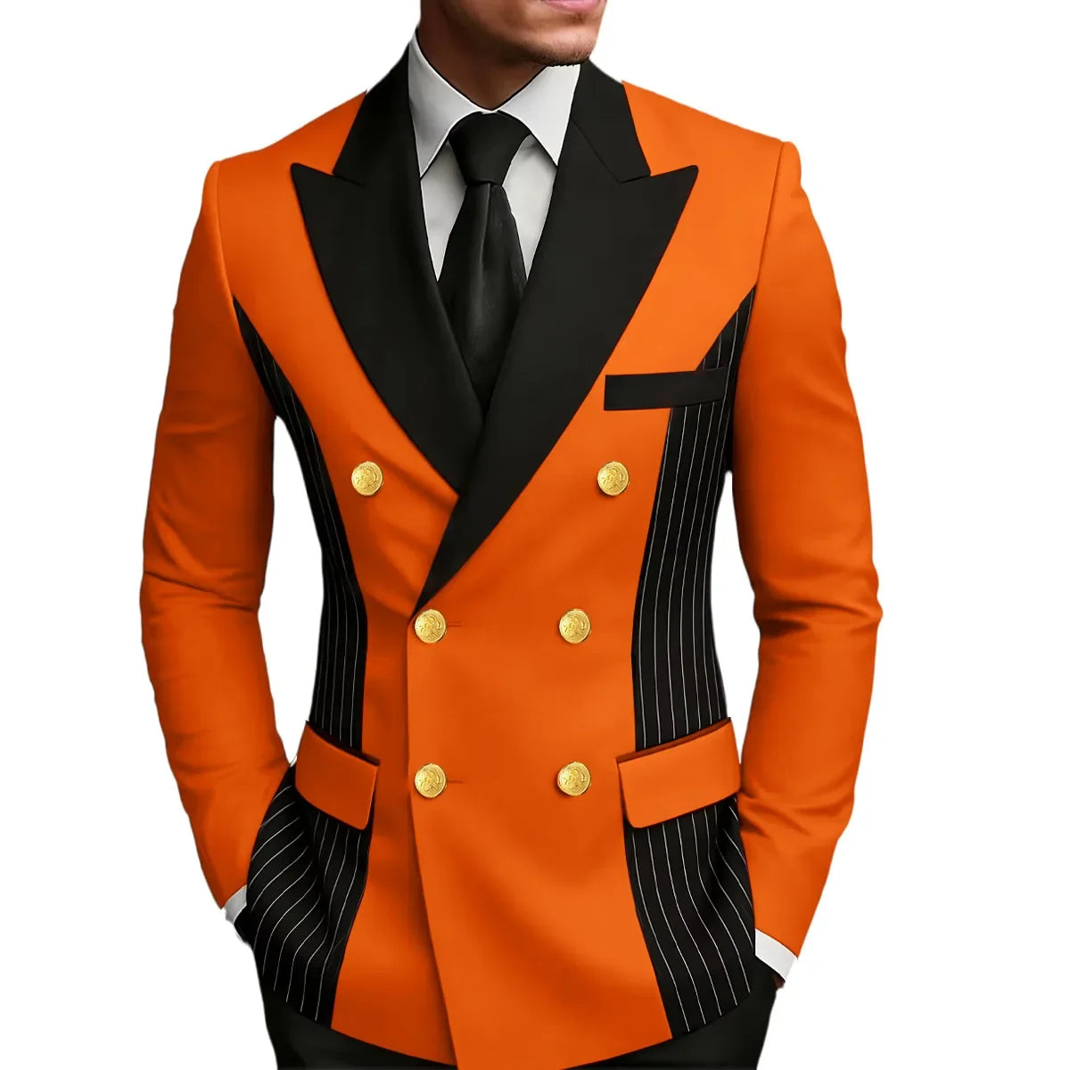 Men's Double Breasted Blazer Striped Patchwork Peak Lapel Slim Fit Formal Wedding Suit Jacket