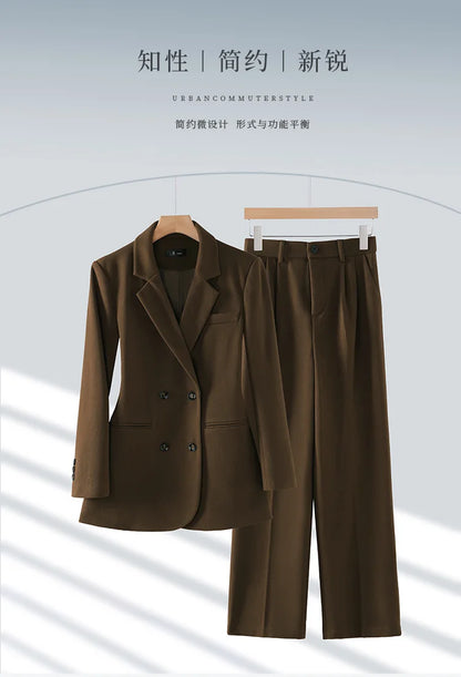 Autumn Winter 2024 New Apricot Coffee Black Elegant Double Breasted Blazer Top And Women High Waist Wide Leg Pant Two Piece Set