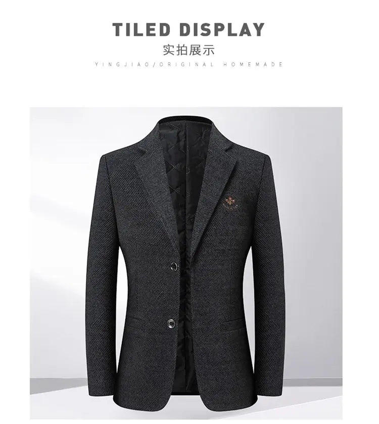 Men's Fleece Blazer Smart Casual Single Breasted Suit Jacket for Middle-Aged Men Autumn Winter