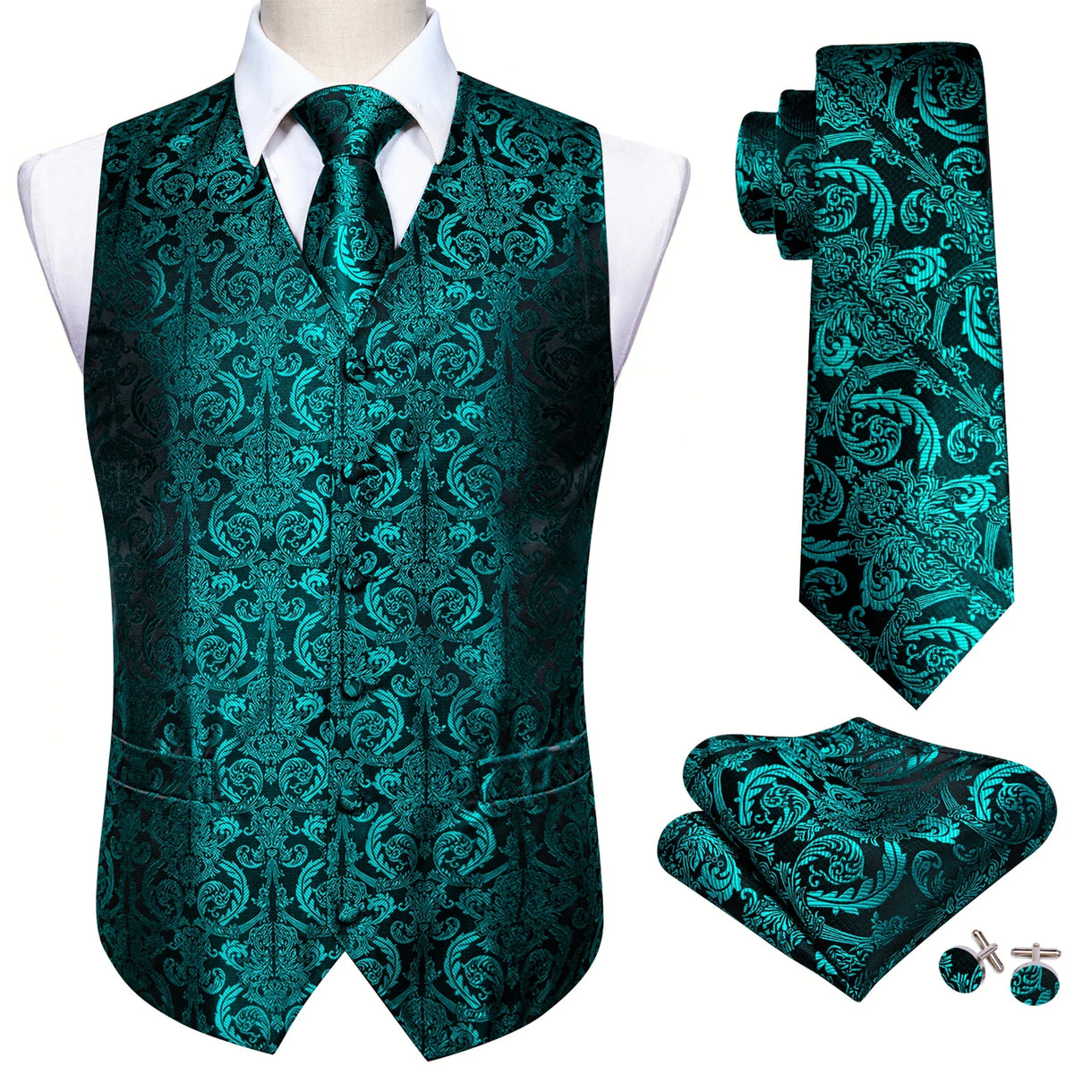 Men's Vest Embroidered Paisley Floral Waistcoat for Formal and Casual Wear — Green, Blue, Silver, Gray, Gold, Pink