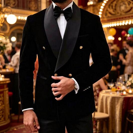 Men's Black Velvet Double Breasted 2-Piece Suit for Weddings and Formal Events