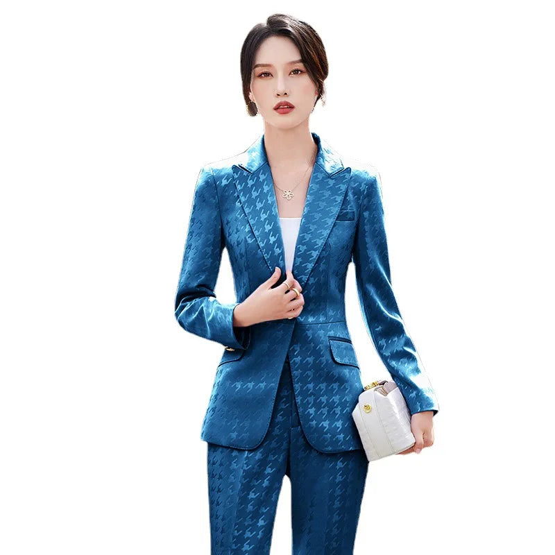 Fashion Ladies Formal Pant Suit Women Houndstooth Single Button Jacket And Trouser Female Business Work Wear 2 Piece Blazer Set