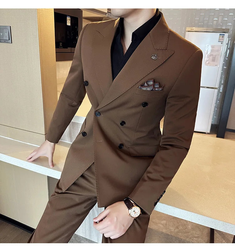 (Blazer + Trousers) Fashion Double Breasted Design Slim Men's Suit Italian Style Luxury Wedding Social Party Tuxedo 2 Piece Set