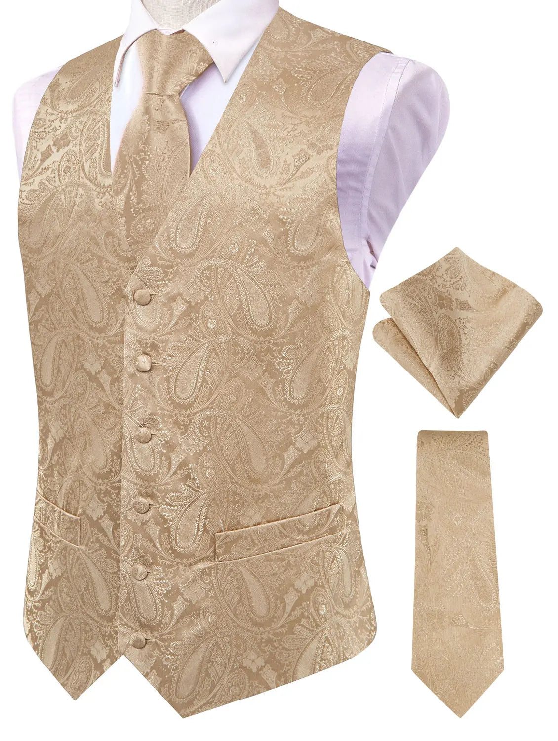 Men's Paisley Jacquard Suit Vest – V-Neck 6-Button Waistcoat with Tie & Pocket Square for Weddings